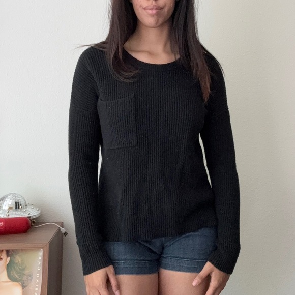 Madewell Sweaters - Madewell‎ Womens Ribbed Pocket Sweater Black Crew Neck Cotton Blend Size S